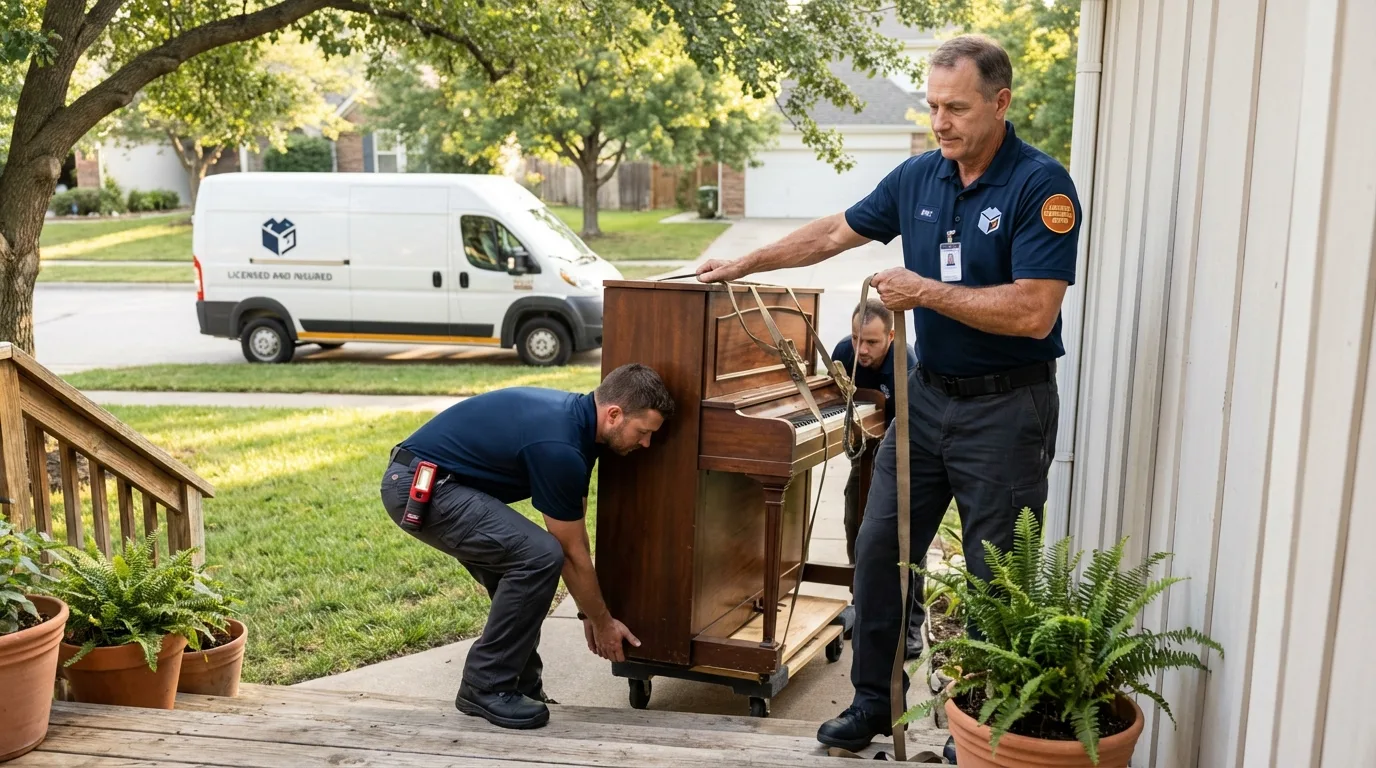 Licensed piano movers securing grand piano in Dennis Port, MA
