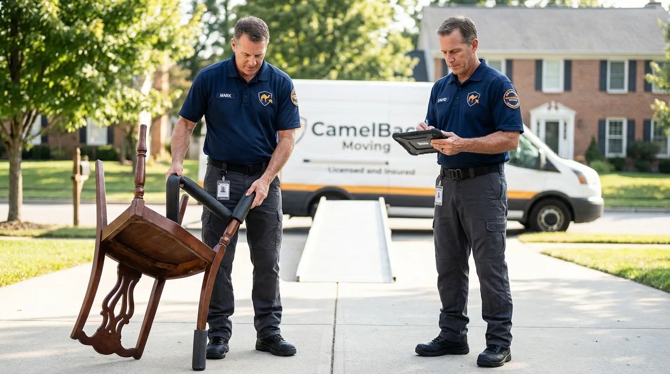 Movers inspecting furniture for damage prevention before loading in Dennis Port, MA