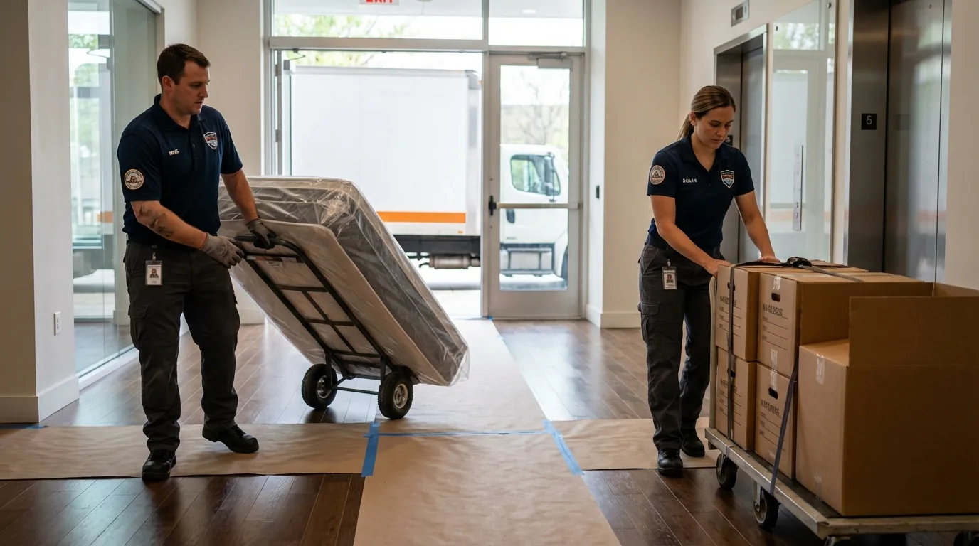 Professional apartment movers loading elevator in Dennis Port, MA