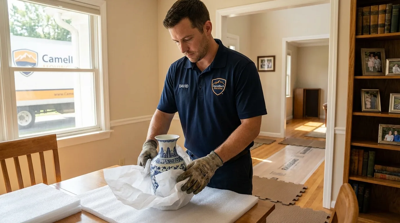 Professional crew carefully wrapping antique vase for senior downsizing move in Dennis Port, MA