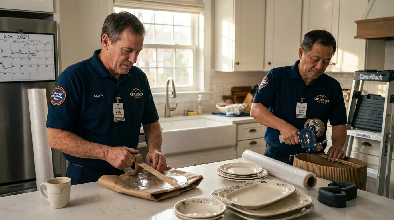 Professional crew packing kitchen dishware in Dennis Port, MA